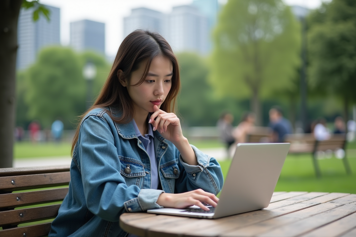 Jeune femme lisant un article sur l espace dans un parc urbain