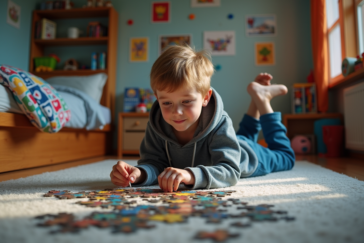 Garçon de 14 ans assemblant un puzzle dans sa chambre