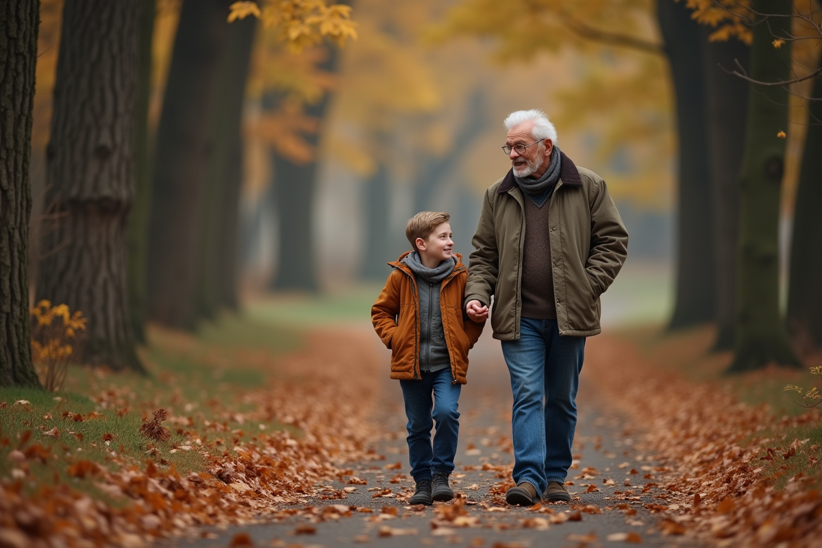 Grand-père et petit-fils marchant dans la forêt automnale