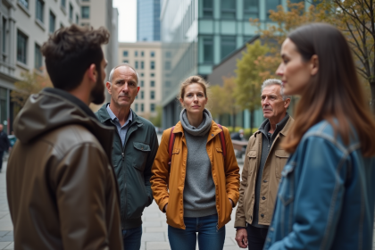 Groupe de personnes urbaines en discussion dans une place publique