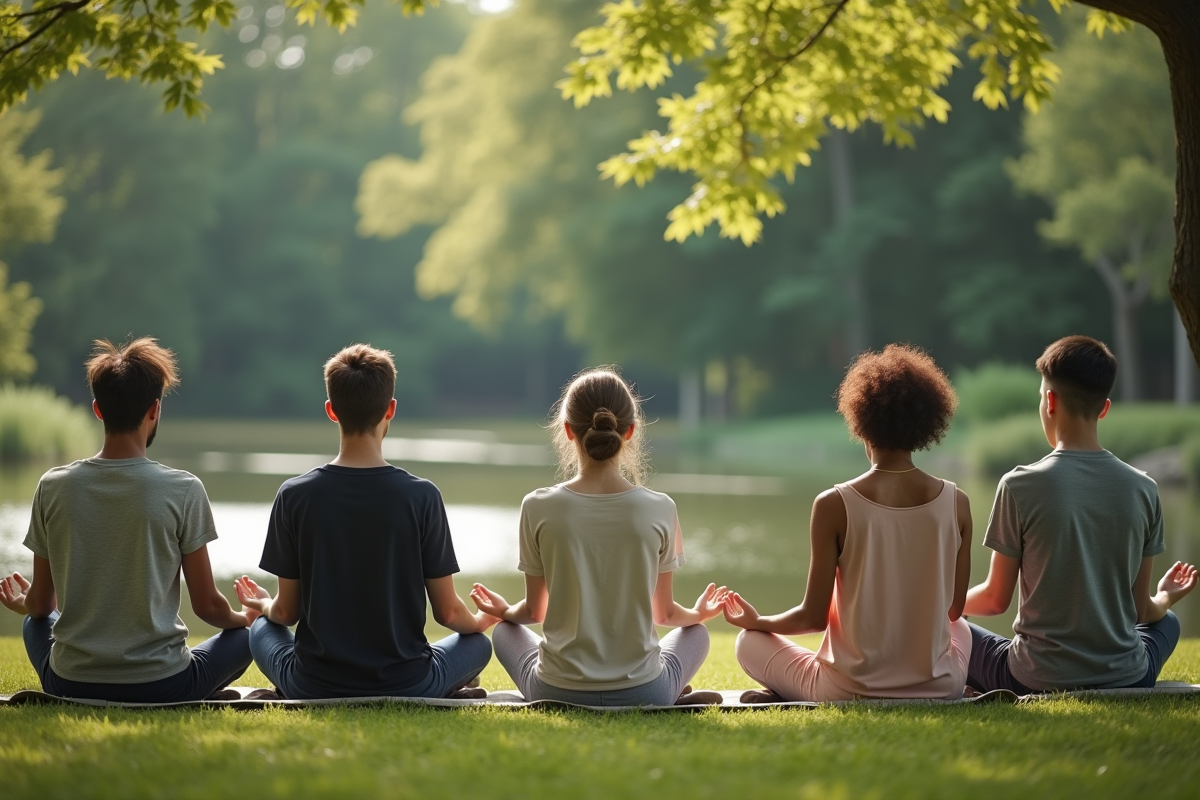 Groupe divers de méditation en plein air près d’un étang