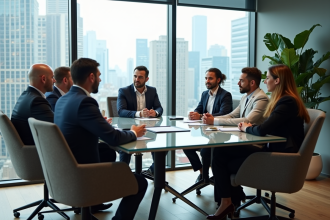 Groupe de professionnels divers en réunion dans un bureau moderne