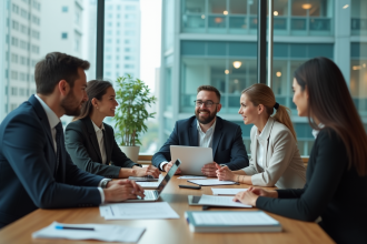 Groupe de quatre adultes en réunion dans un bureau moderne