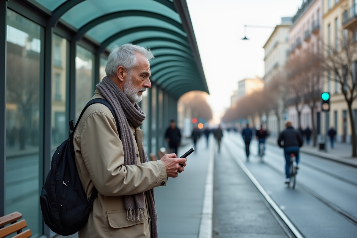Homme âgé attendant au arrêt de tram moderne