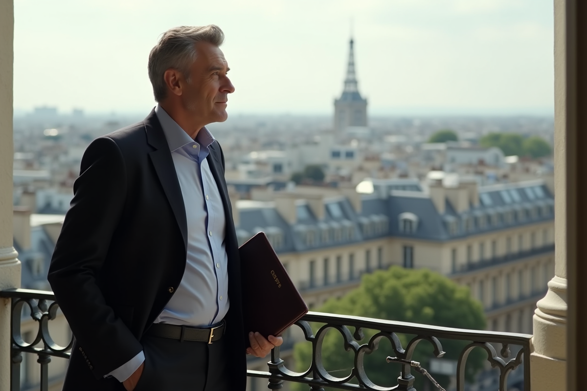 Homme d affaires regardant la ville depuis un balcon parisien