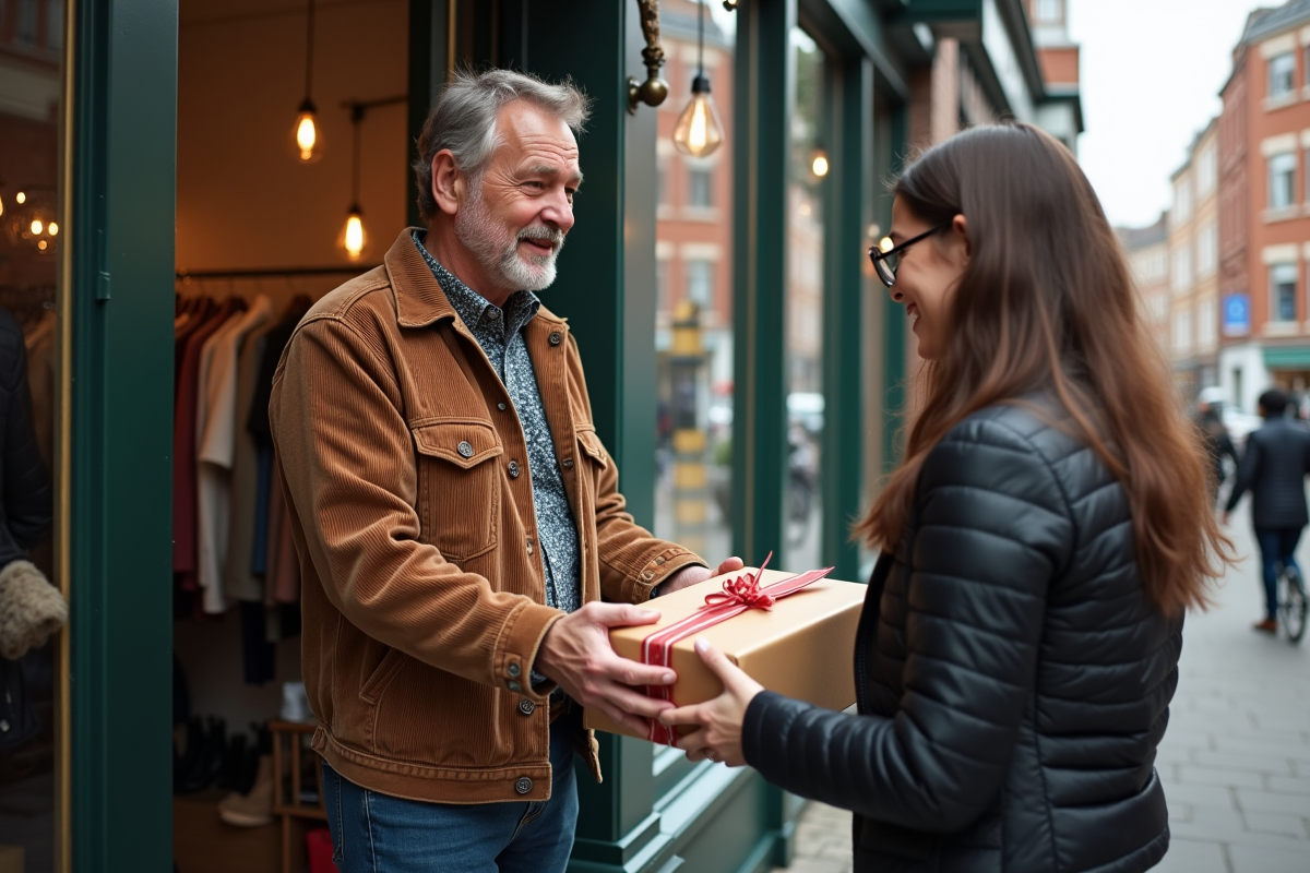 Homme remettant un colis de vetements dans une boutique vintage