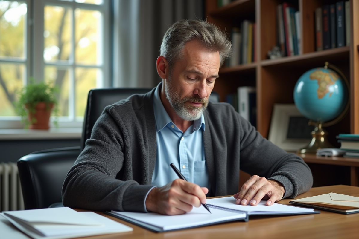 Homme d age examine son planificateur financier au bureau