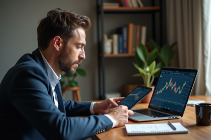 Homme d'affaires &eacute;tudiant des graphiques crypto sur tablette