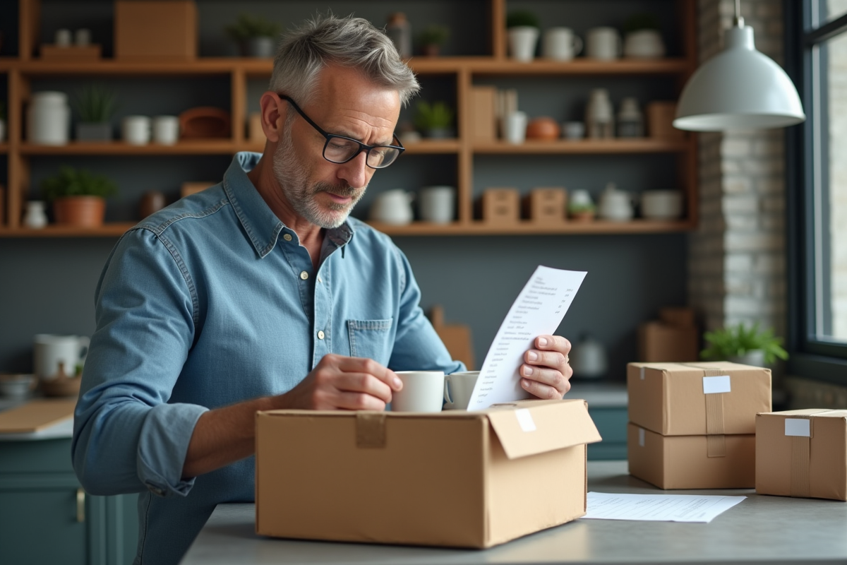 Homme vérifiant ses mugs en céramique dans une cuisine moderne