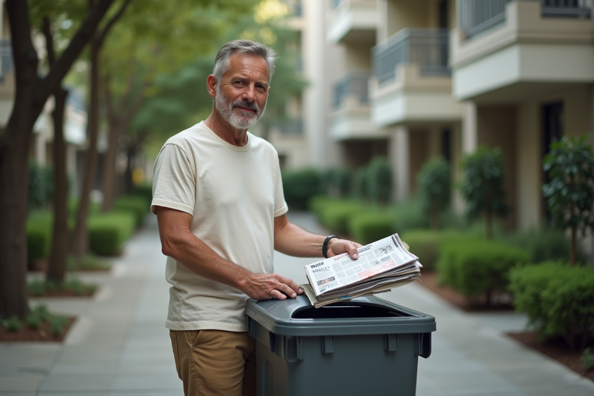 Homme déposer des magazines dans une benne dehors