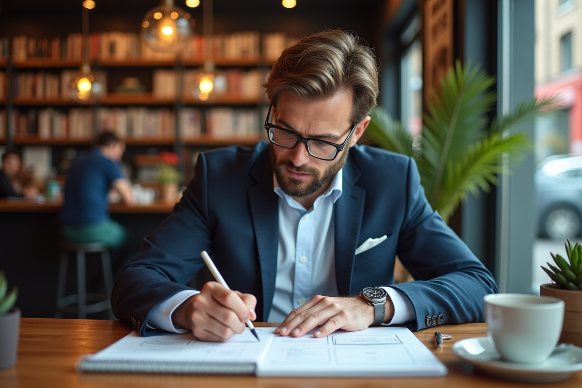 Homme esquissant des wireframes dans un café créatif