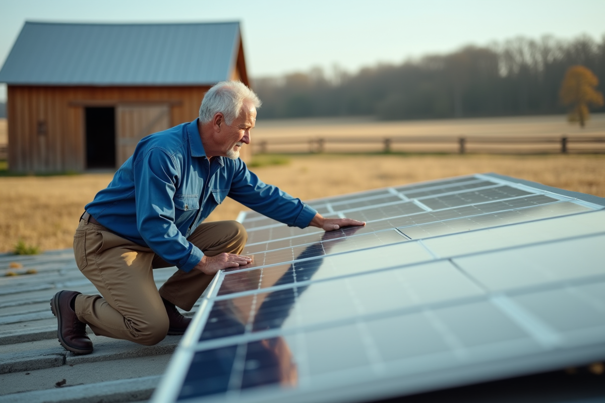 Homme vérifiant des panneaux solaires sur un toit rural