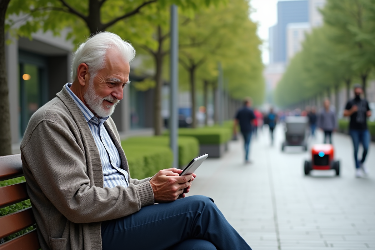 Homme âgé lisant des nouvelles numériques en extérieur