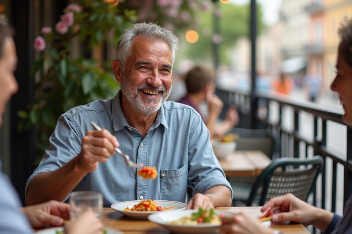 Homme âgé profitant d un déjeuner en terrasse en ville