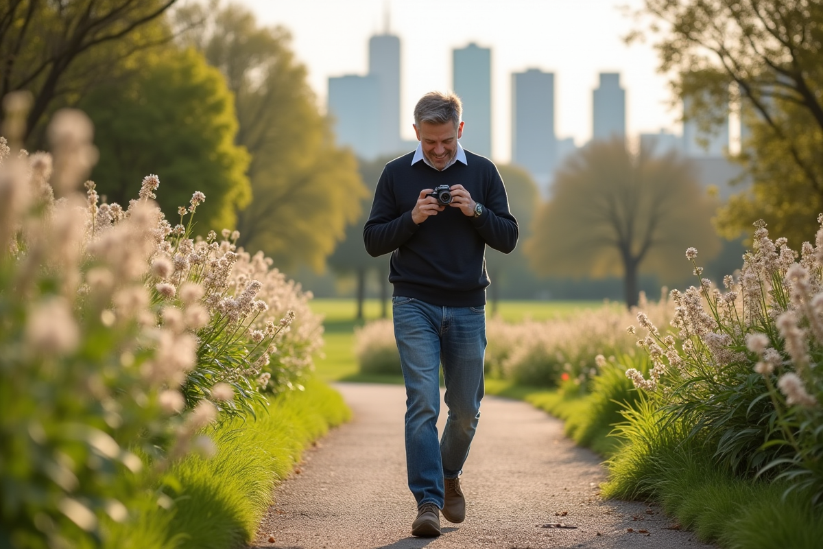 Homme photographiant des fleurs dans un parc urbain