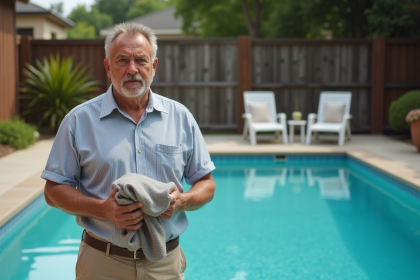 Homme d'âge moyen près d'une piscine vide en été