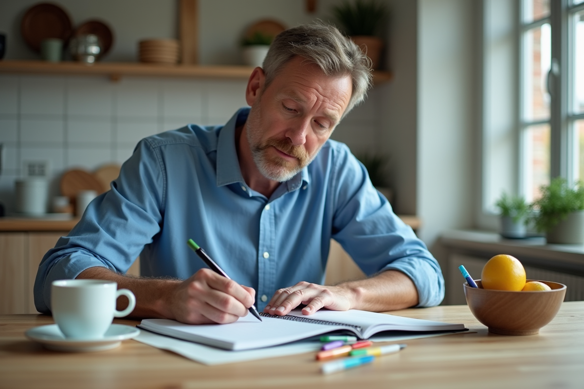 Homme écrivant dans un planner à la cuisine