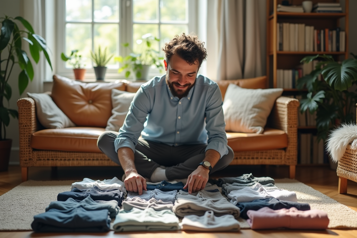 Homme organisant ses vêtements sur un tapis dans un salon lumineux