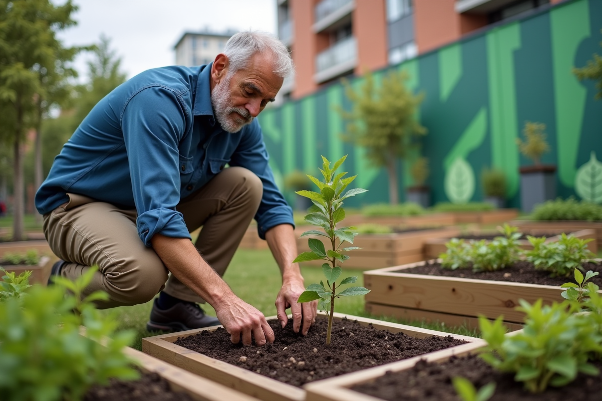 Homme âgé plante un jeune arbre dans un jardin urbain