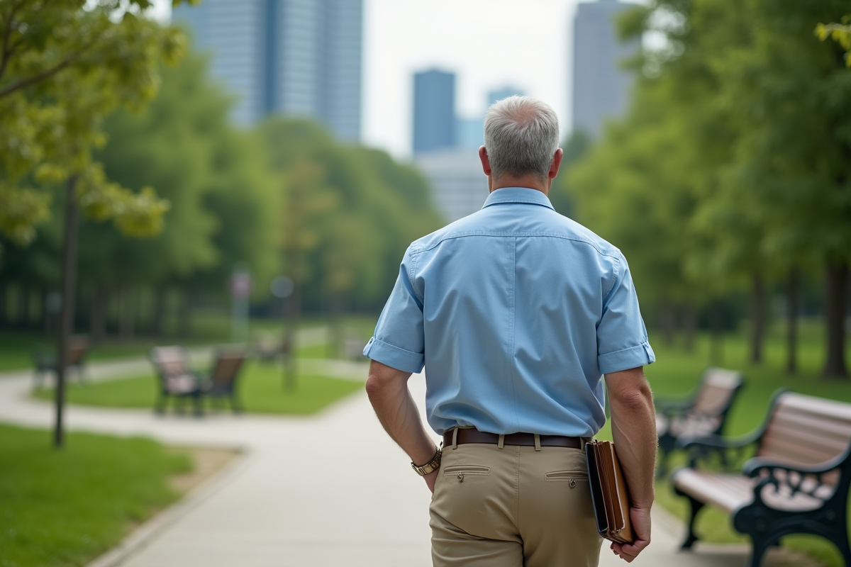 Homme méditant dans un parc urbain vert