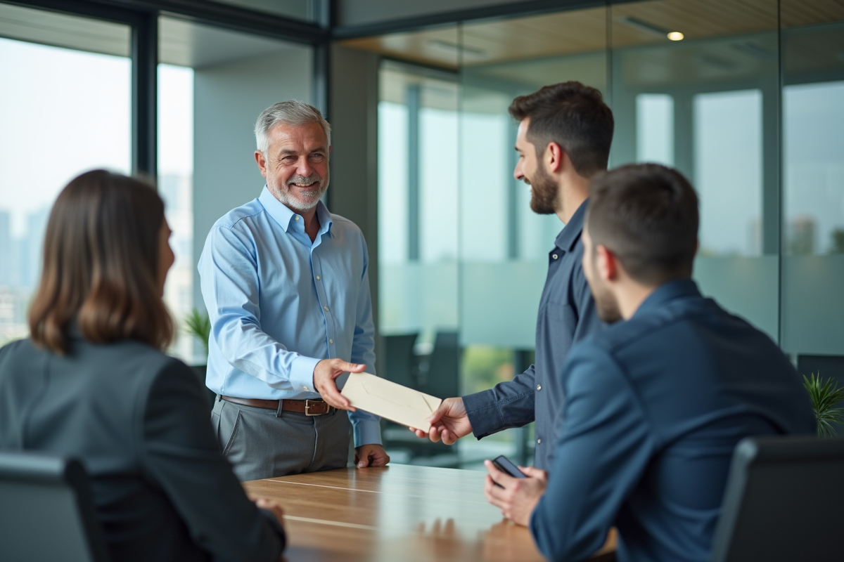 Homme donnant une enveloppe à un employeur lors d