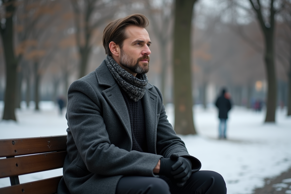 Homme en manteau dans un parc enneige en hiver