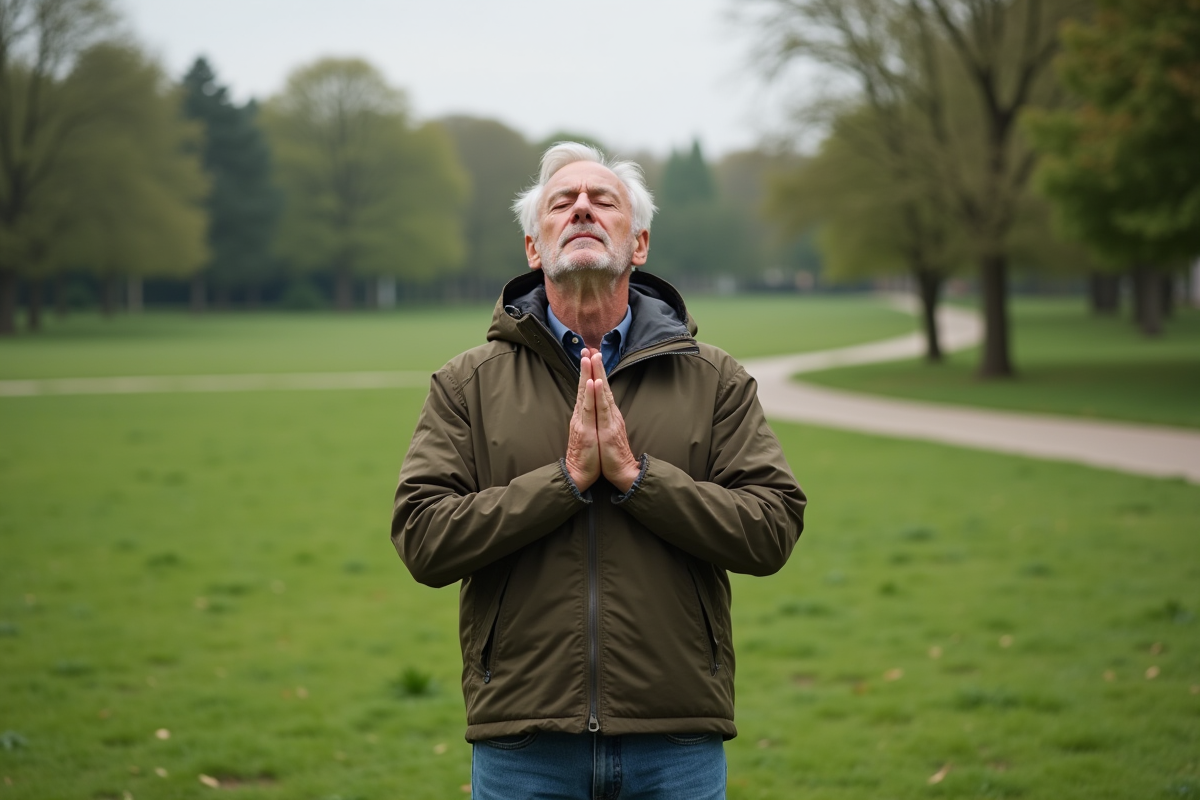 Homme en pleine nature respirant profondément dans un parc