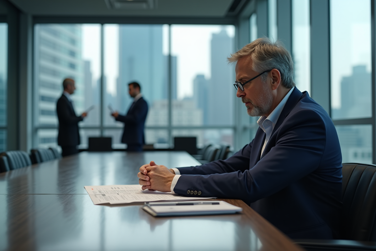 Homme en costume navy examinant des documents au bureau