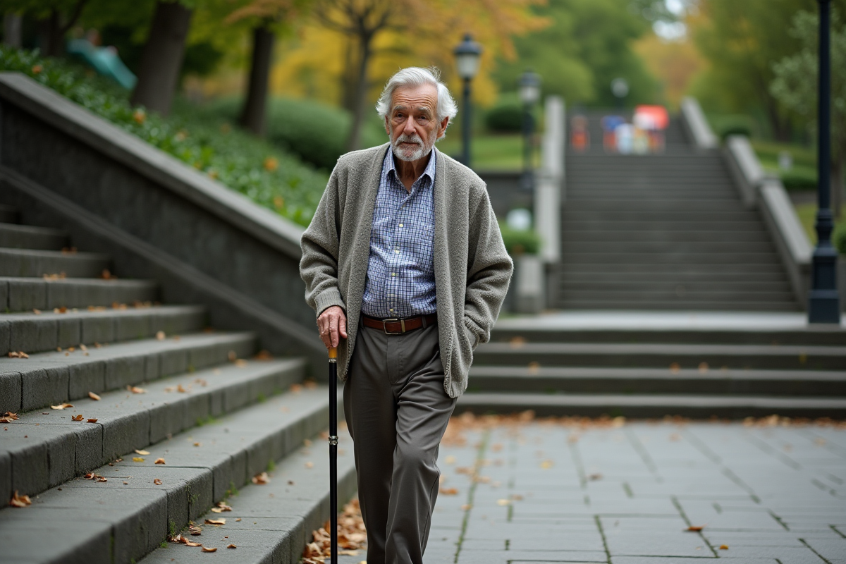 Homme âgé montant des escaliers dans un parc urbain