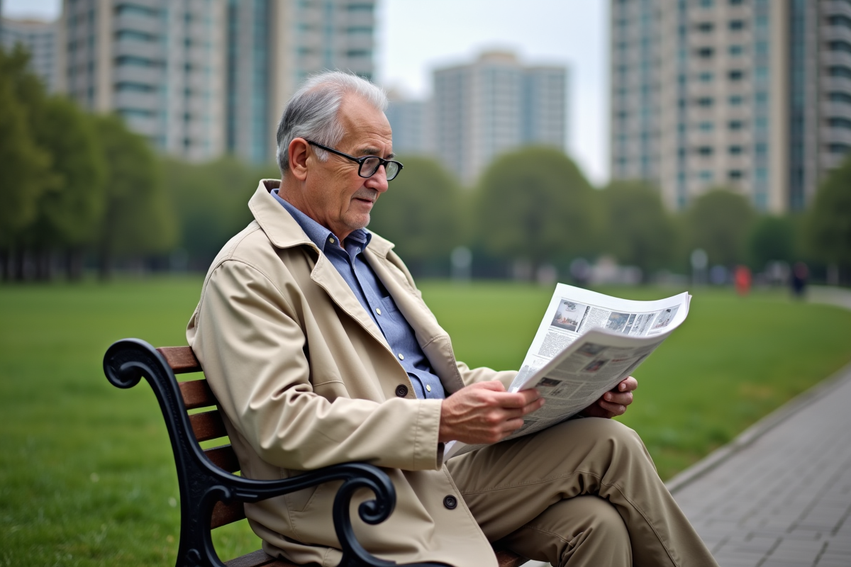 Homme âgé lisant dans un parc calme et verdoyant