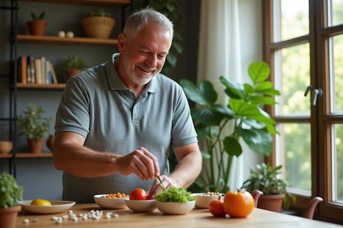 Homme arrangeant des légumes et capsules dans des bols en céramique
