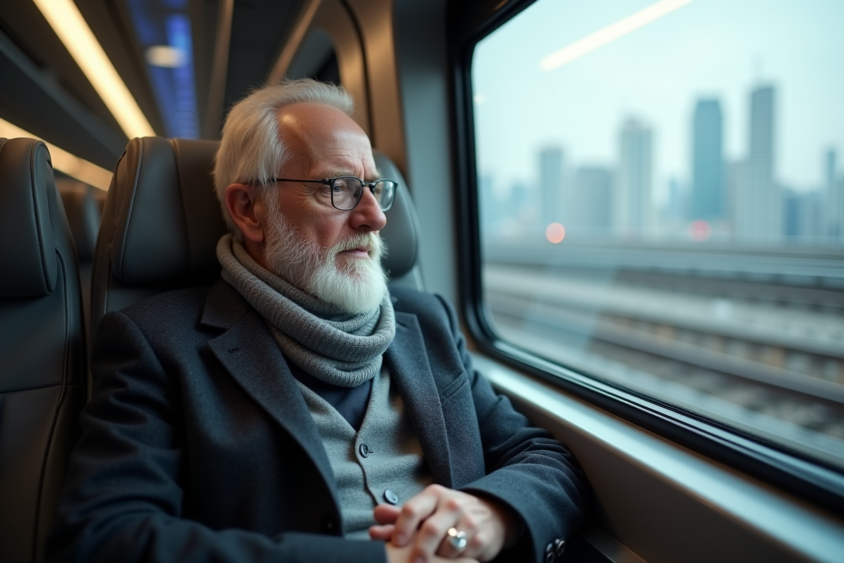 Homme âgé regardant par la fenêtre dans un train autonome moderne