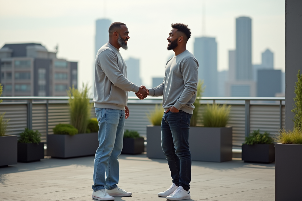 Deux hommes se serrant la main sur un rooftop urbain