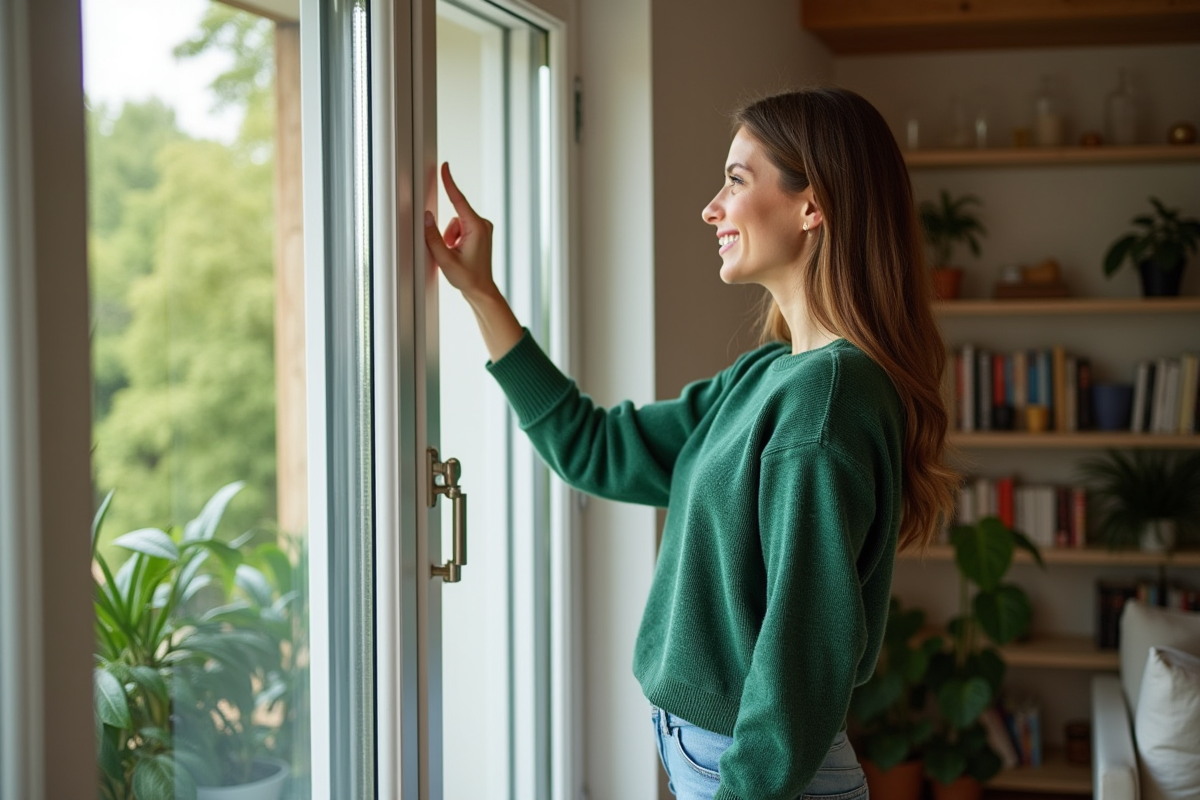 Jeune femme inspectant une fenetre triple vitrage dans un salon