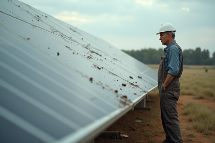 Homme en salopette inspectant des panneaux solaires endommag&eacute;s
