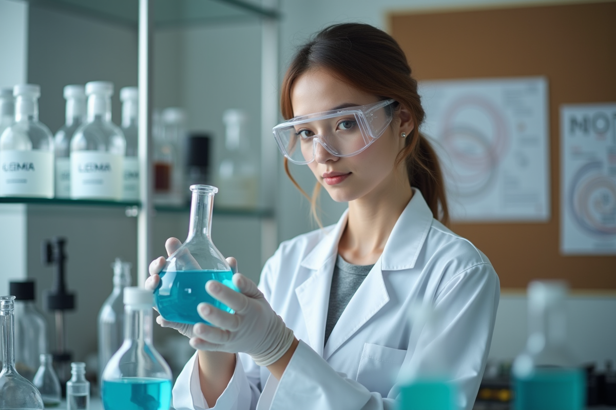 Jeune chimiste en blouse blanche tenant un verre de peinture