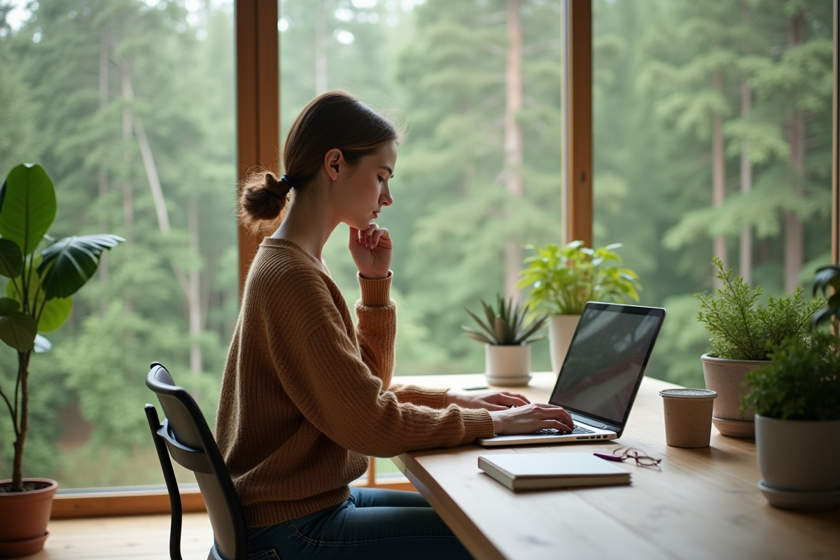 Jeune femme travaillant dans un bureau avec vue sur la forêt
