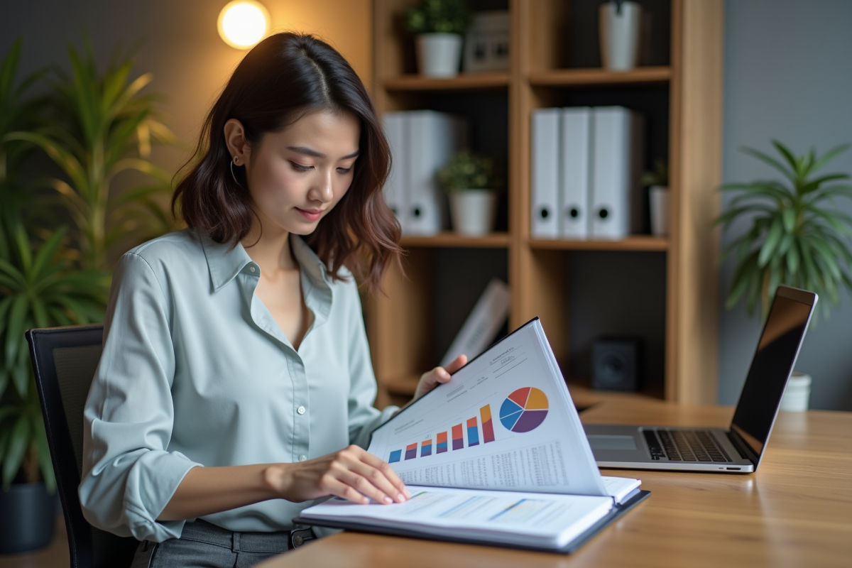 Jeune femme organisant des documents de projet sur un bureau