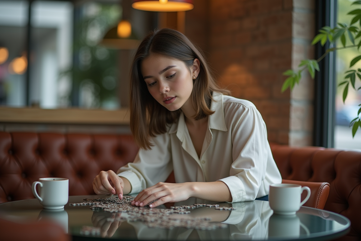 Jeune femme réfléchissant à un puzzle dans un café cosy