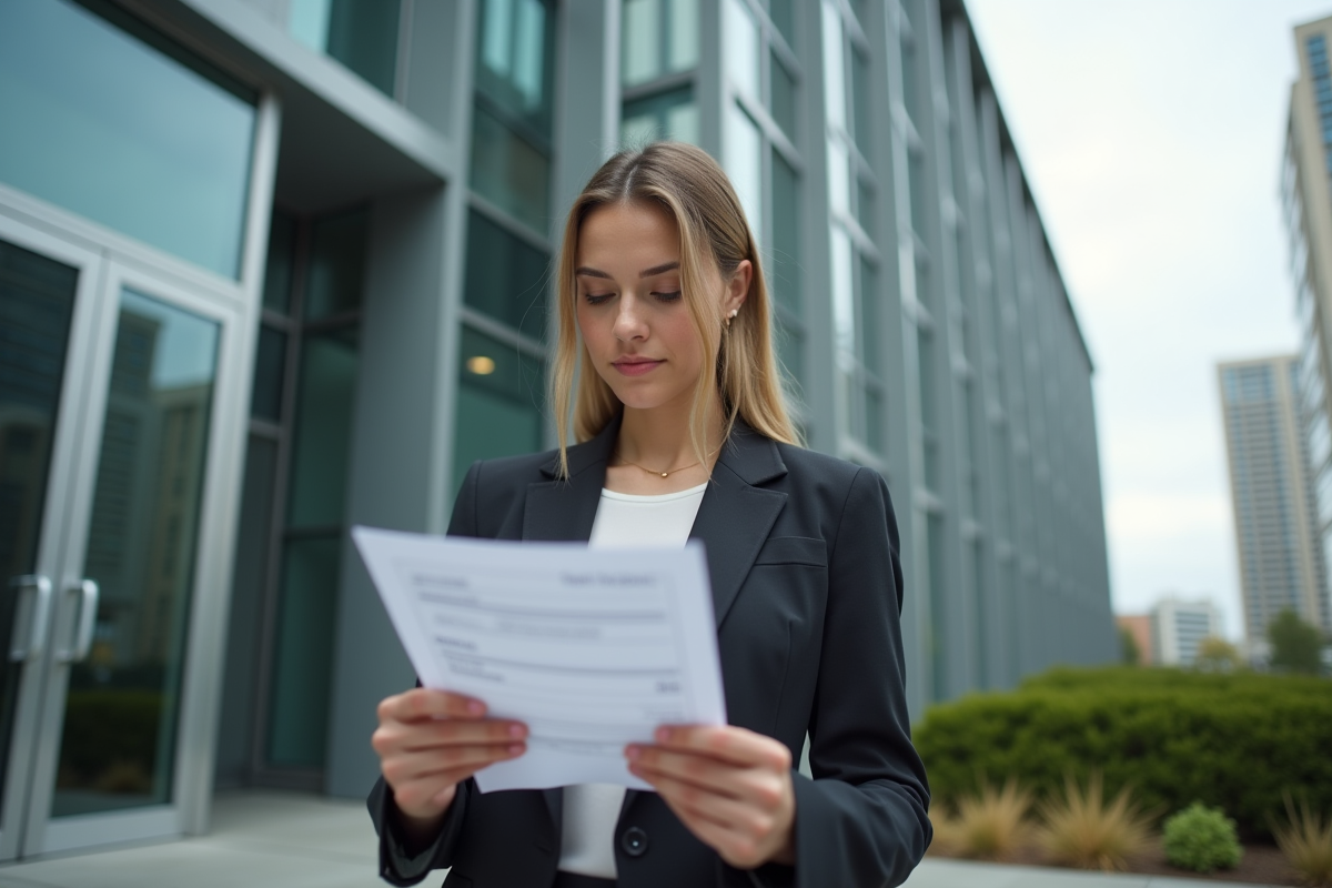 Jeune femme devant une banque tenant un relevé IRA