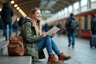 Jeune femme souriante assise sur les escaliers d'une gare européenne