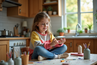 Jeune fille de 14 ans peignant une figurine en argile dans la cuisine
