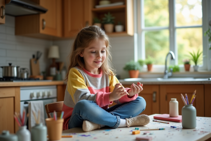 Jeune fille de 14 ans peignant une figurine en argile dans la cuisine