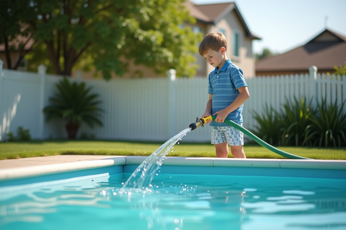 Garçon remplissant la piscine avec un tuyau d
