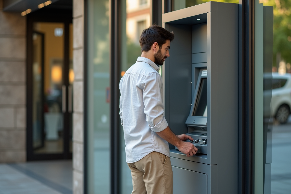 Jeune homme vérifiant son compte à un distributeur automatique