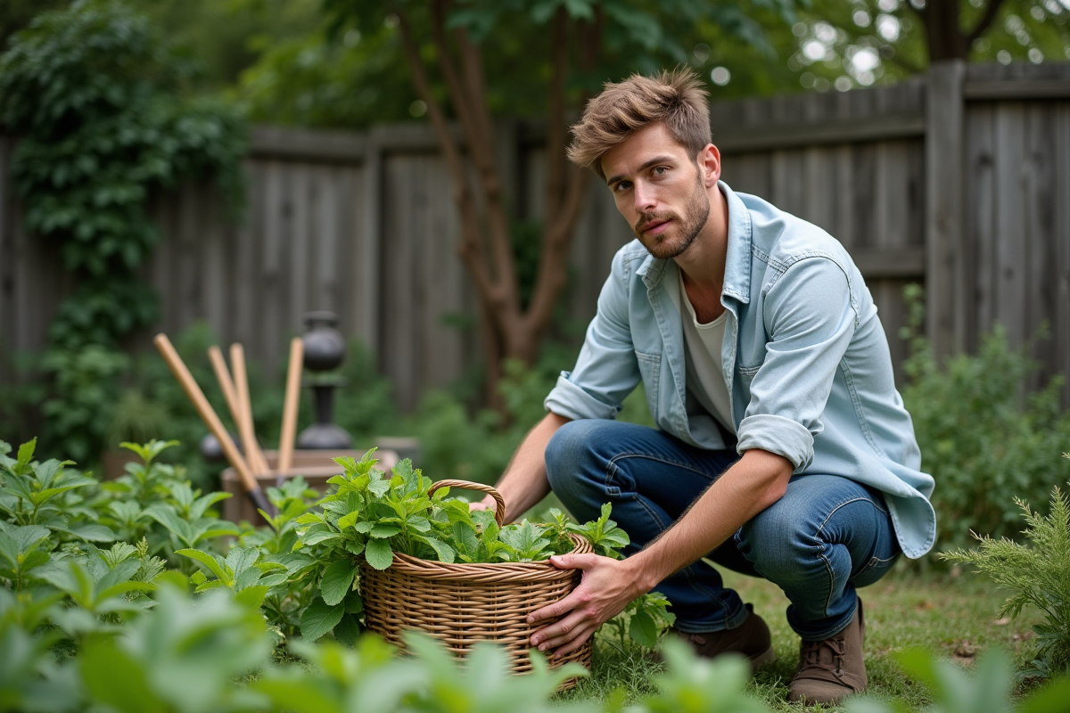 Jeune homme récoltant des feuilles dans un jardin
