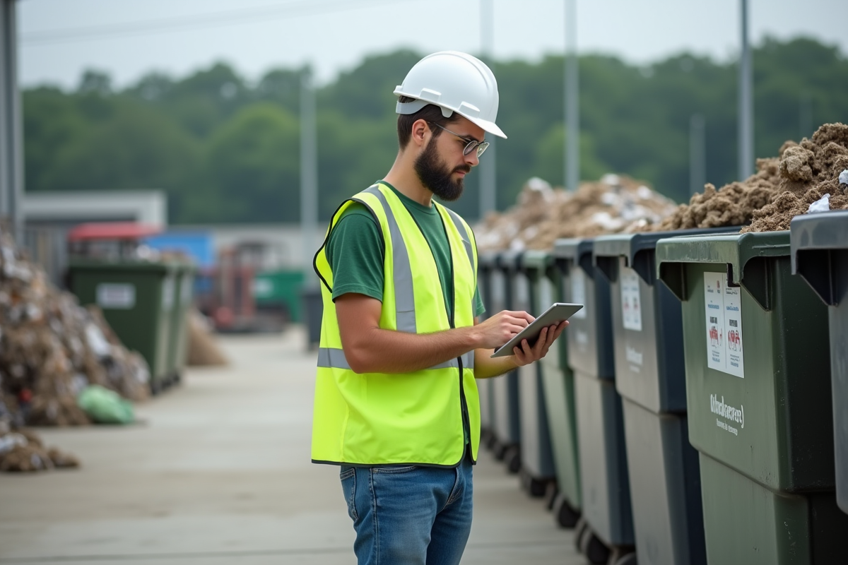 Jeune homme inspectant des containers de recyclage industriel