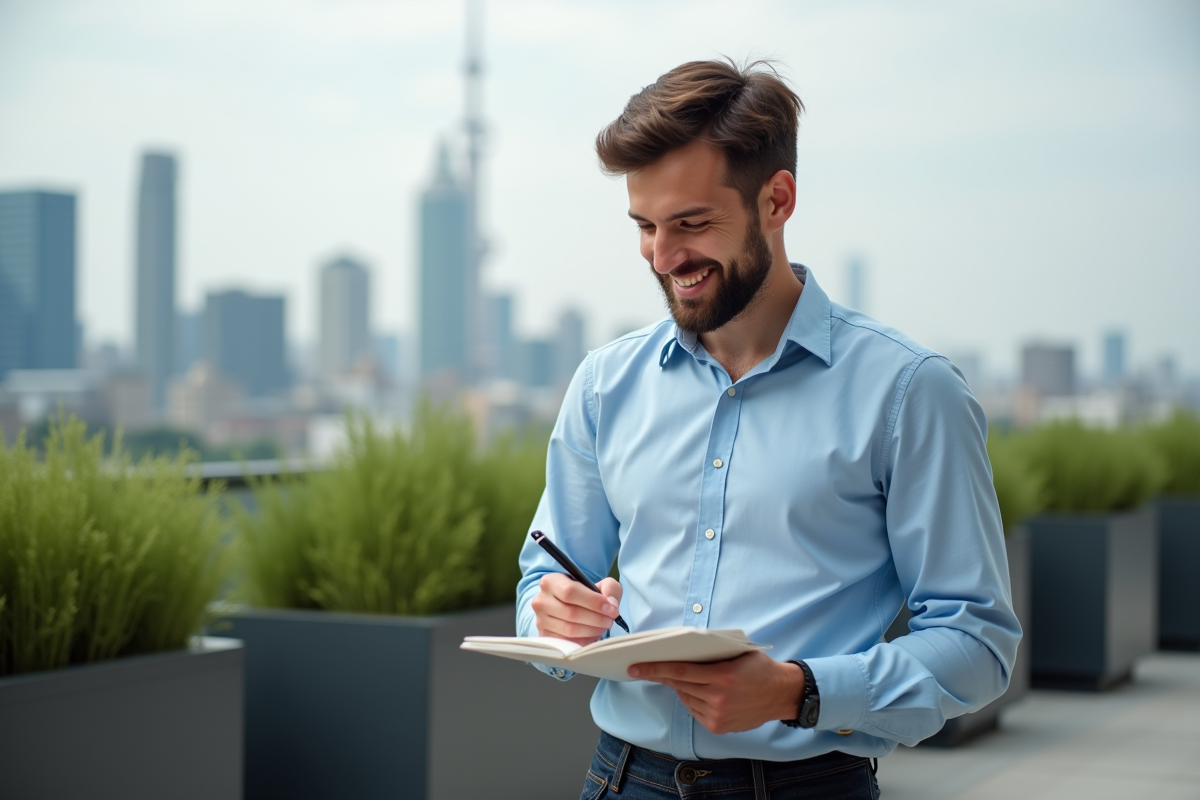 Jeune homme prenant des notes sur un rooftop urbain