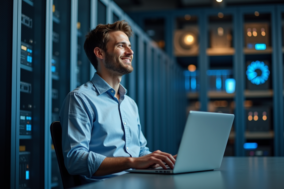 Jeune homme dans un serveur informatique en pleine activité