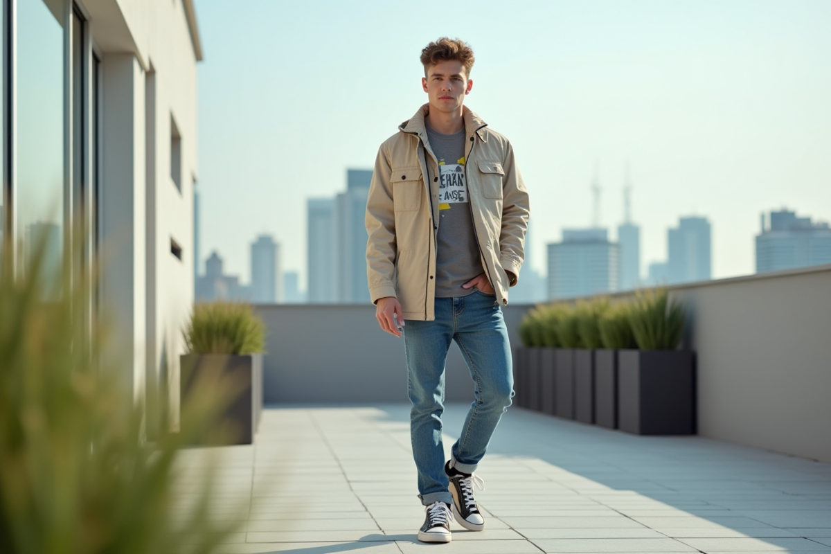 Jeune influenceur posant sur un toit avec skyline urbain